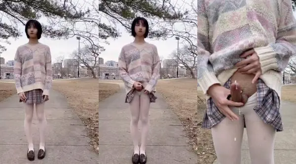 白丝伪娘露出紫薇 大白天来到路边小公园掏出鸡鸡先尿尿再开撸 后面不停有人经过