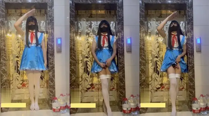 伪娘 cos少先队员在电梯门口露出 振动棒伺候牛牛 边射精边敬礼