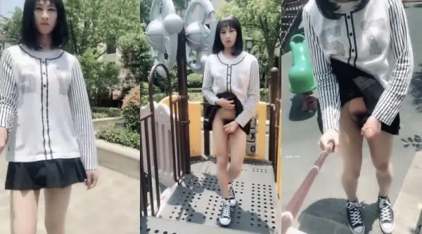 漂亮伪娘露出 家里坐电梯出来来到小区公园 大白天边走边撸 闲庭信步 肚子真大 还能射出来